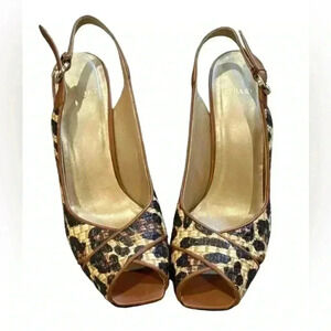 Stuart Weitzman Slingback Sandals Leopard Print Leather Brown Womens Size 8.5
